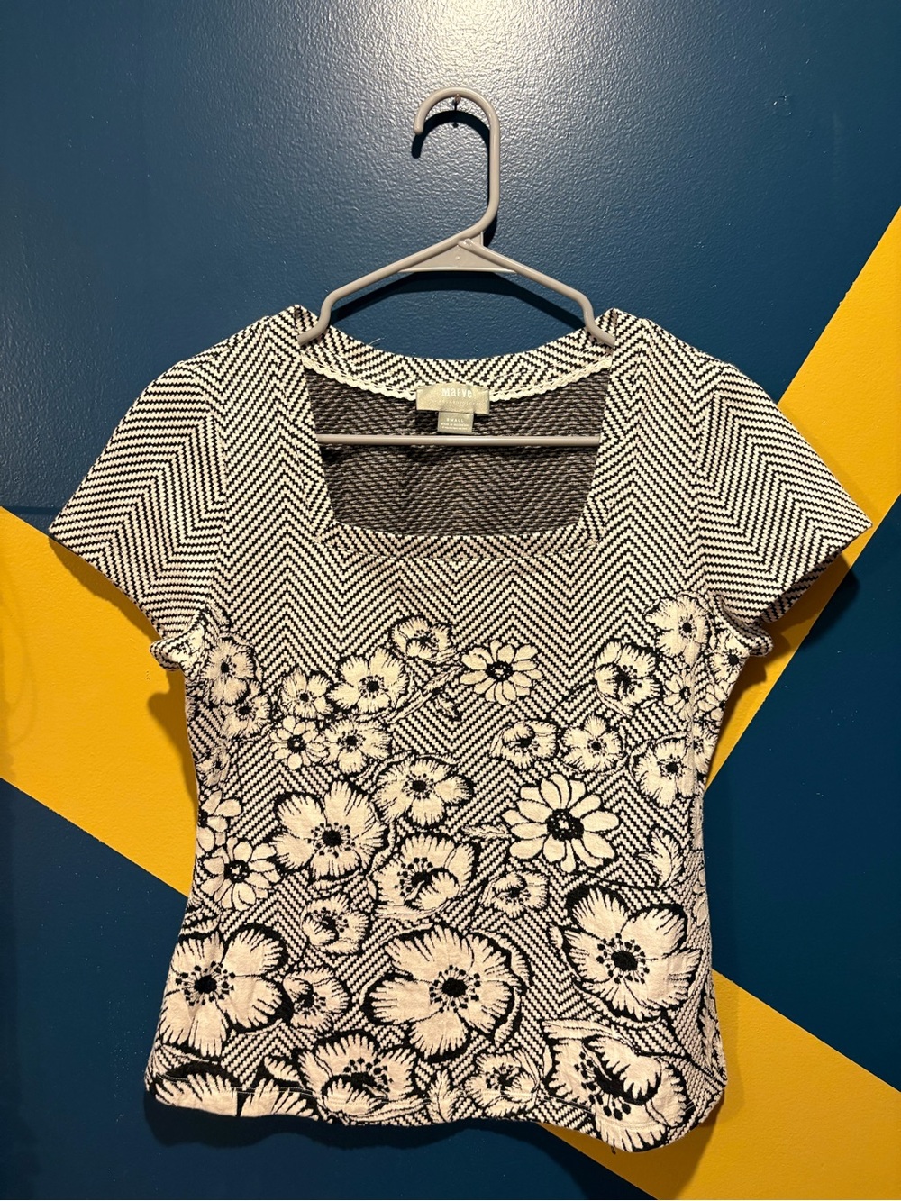 Maeve by Anthropologie Black & White Floral Square Neck Short Sleeve Top NWOT